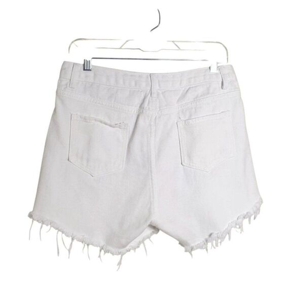 White Distressed High-Rise Denim Shorts L Frayed Hem Casual Cotton Summerwear - Picture 2 of 5
